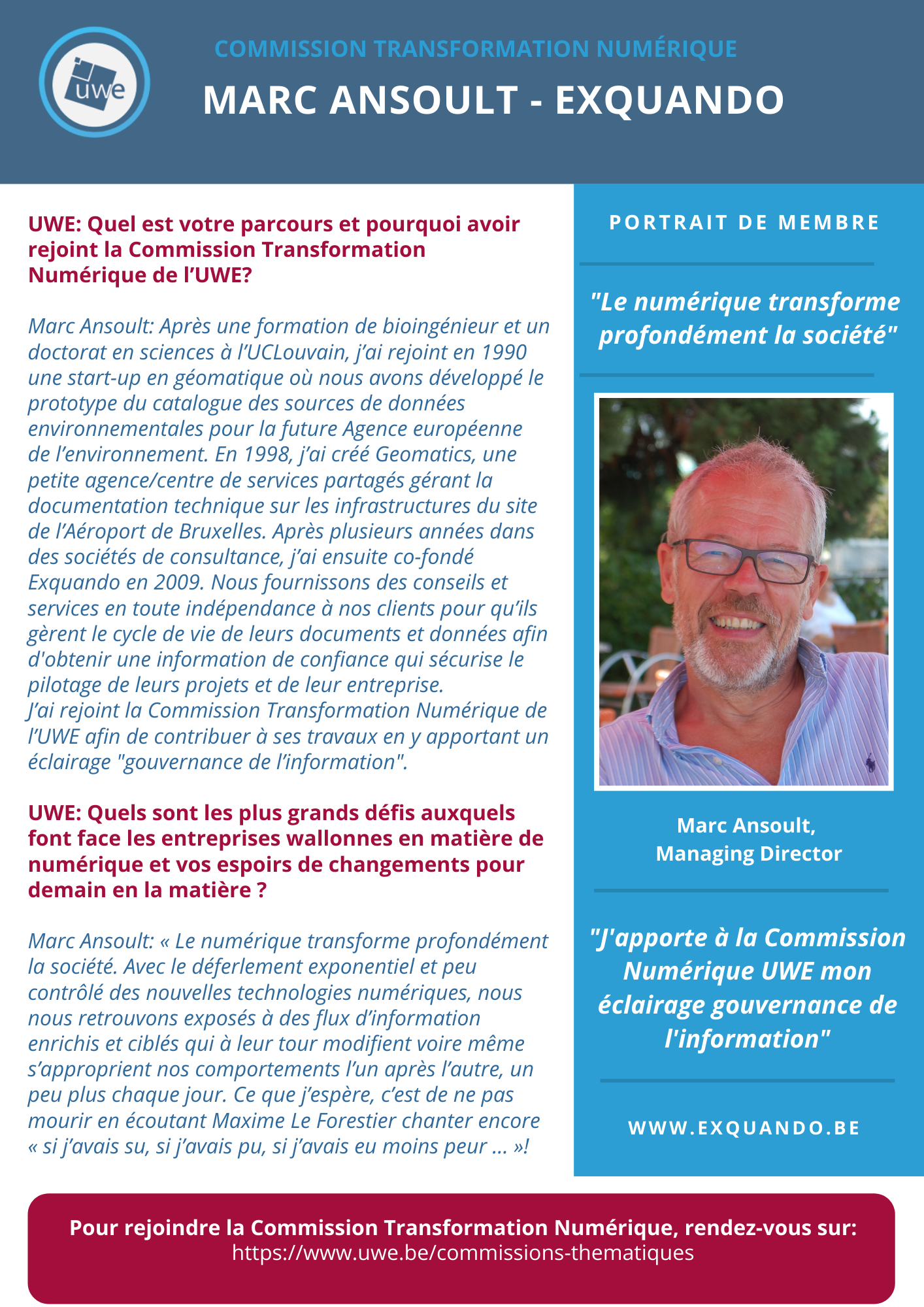 Commission Transformation Numérique de l'UWE. Portrait de membre: Marc Ansoult, Exquando